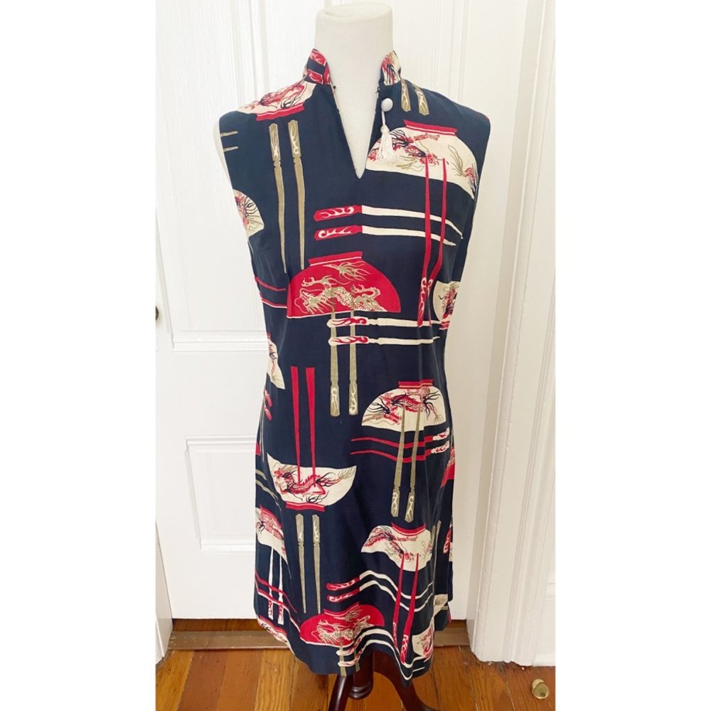 Vintage Alfred Shaheen Sheath Dress Asian Rice Bowls Chopsticks - Picture 1 of 9